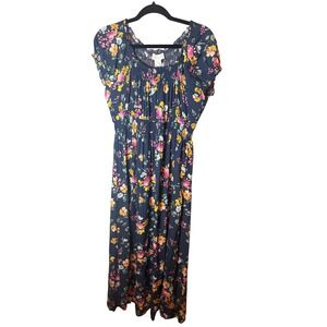 Apricot Floral Smocked Maxi Dress Navy Blue Pink Yellow US 12 NWT EcoVero
